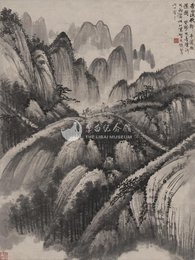 1963年贺天健李白诗意画《流放夜郎半道放还》条幅
