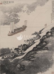 1963年贺天健李白诗意画《赠汪伦》条幅