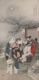 1982年王叔晖李白诗意画《春夜宴桃李园》条幅