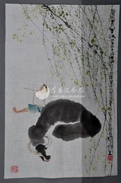 1990年任立花暖青牛卧条幅