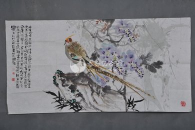 1990年任立等三人合画《登金陵凤凰台》横幅