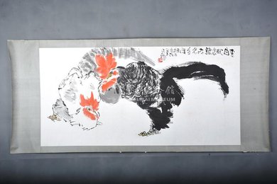 1985年谭昌镕双鸡图镜片